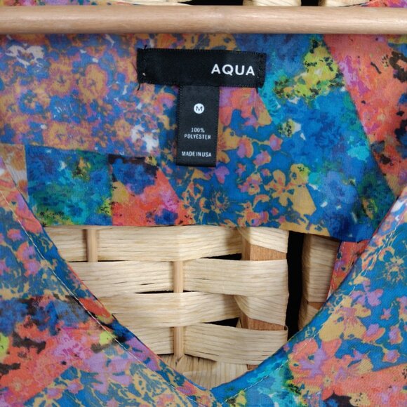 Aqua Sheer Patchwork Print Hi Low Sheer Long Sleeve Blouse Medium - Picture 3 of 5